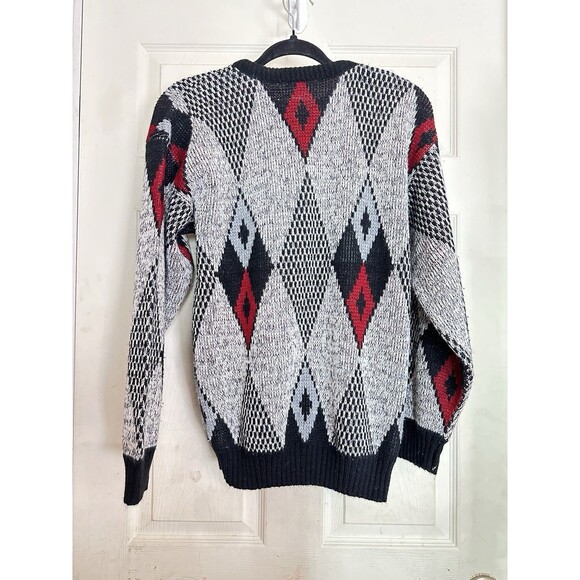 Vintage Van Cort Sweater M Black Red Gray Argyle Diamond Knit Pullover Made USA - Picture 2 of 6